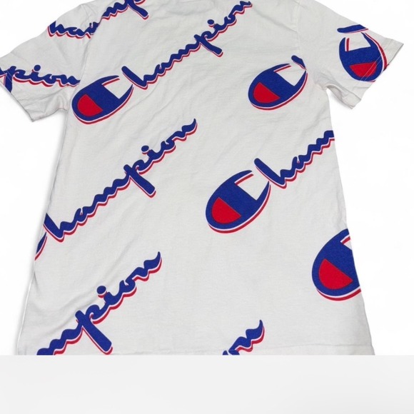Champion All Over Logo Script Print T Shirt White Blue Red Small - Picture 7 of 7